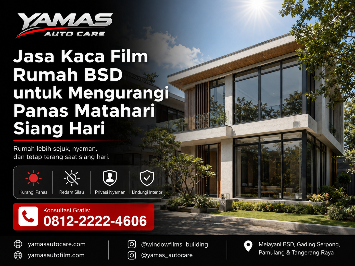 Jasa kaca film rumah BSD untuk mengurangi panas matahari siang hari