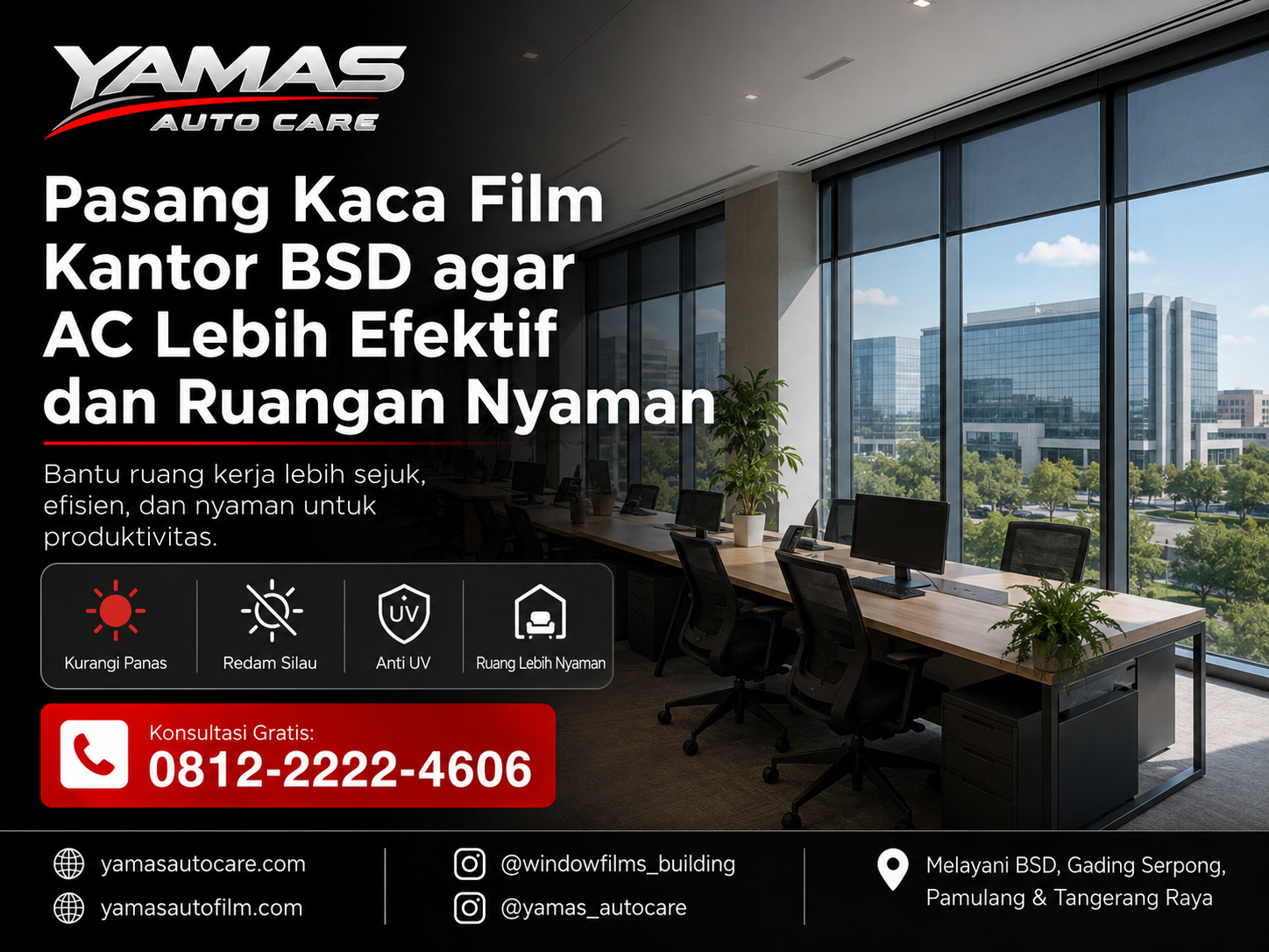 Pasang kaca film kantor BSD agar AC lebih efektif dan ruangan lebih nyaman