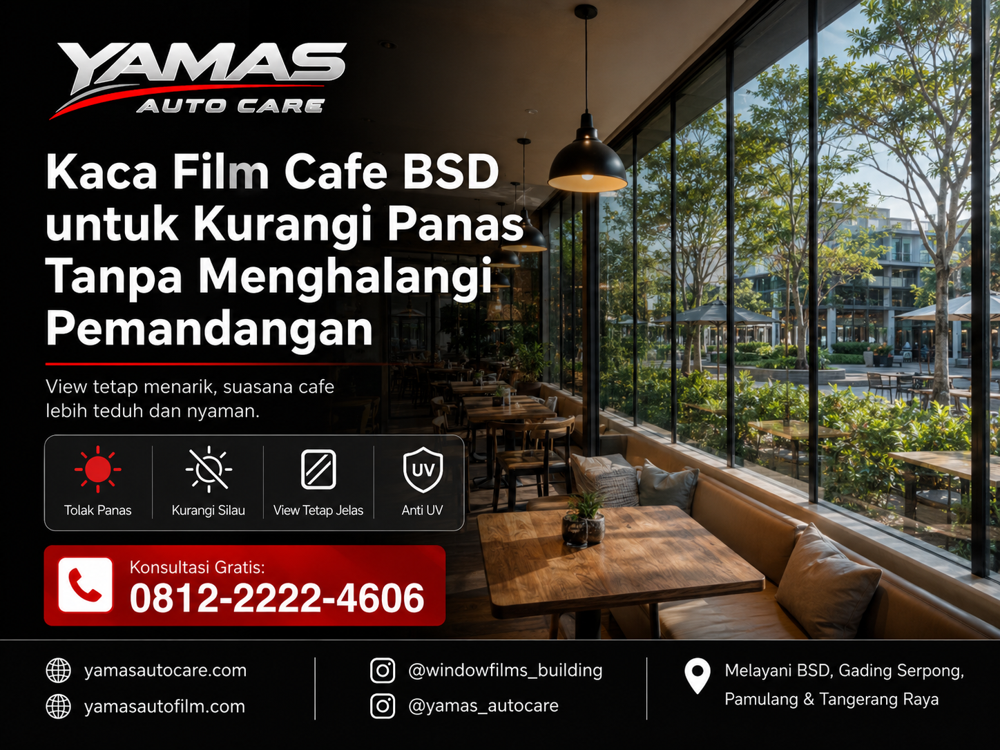 Kaca film cafe BSD untuk kurangi panas tanpa menghalangi pandangan