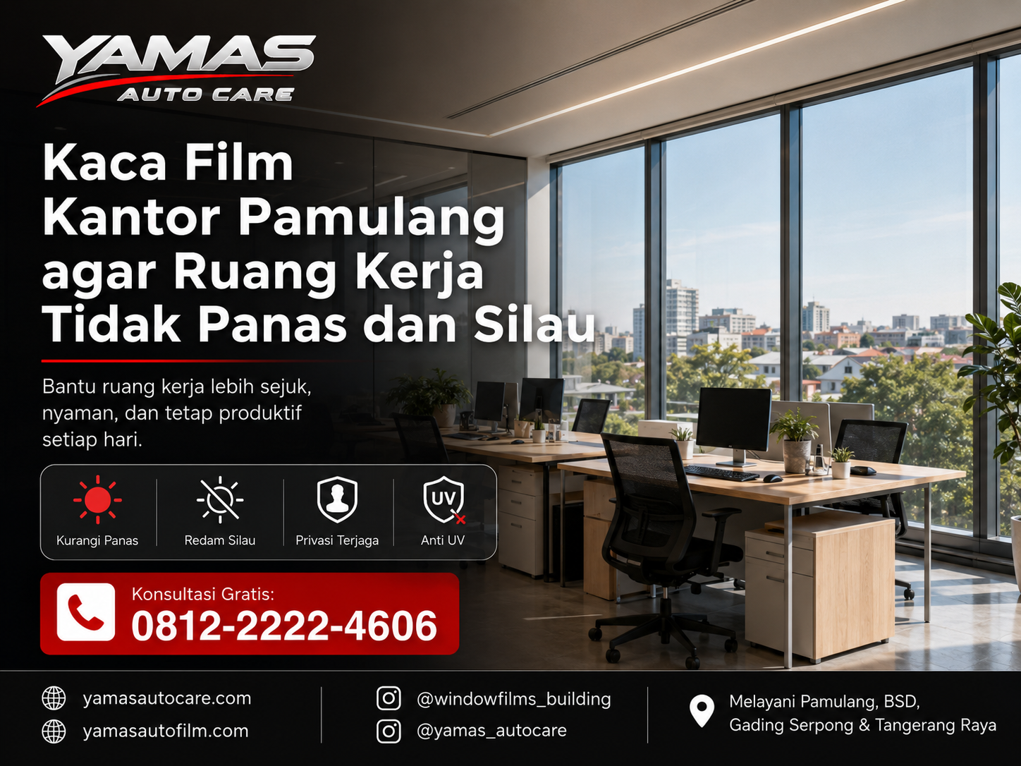 Kaca film kantor pamulang agar ruang kerja tidak panas dan silau