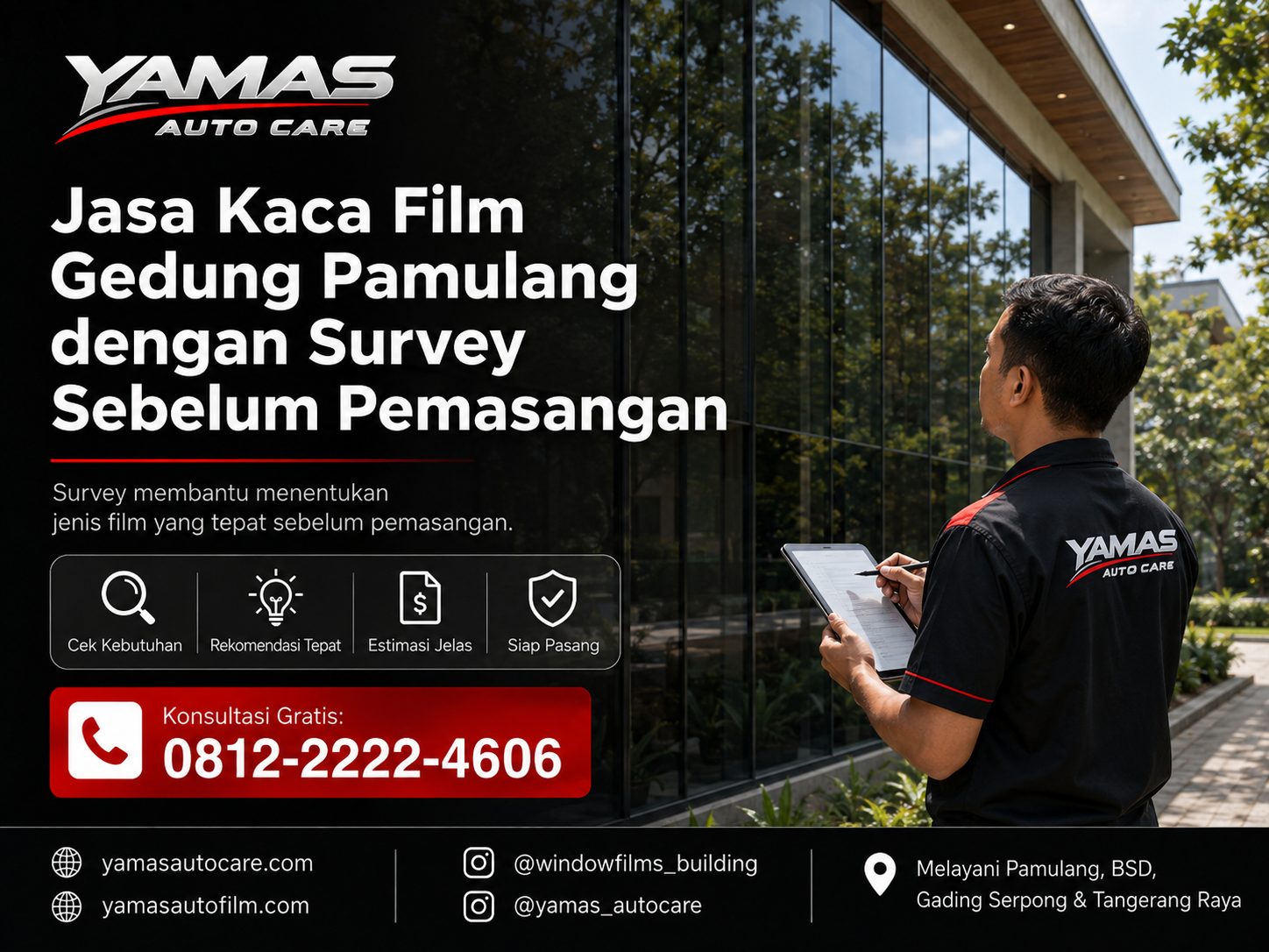 Jasa kaca film gedung pamulang dengan survey sebelum pemasangan