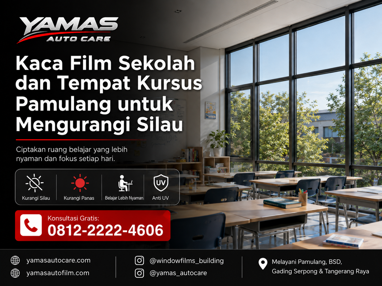 Kaca film sekolah dan tempat kursus pamulang untuk mengurangi silau